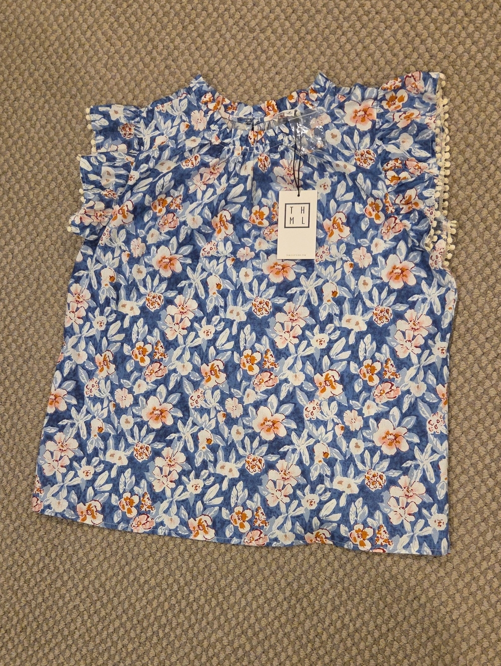 THML Blue Floral Lace-Trim Ruffle Shoulder Top Sz M NWT